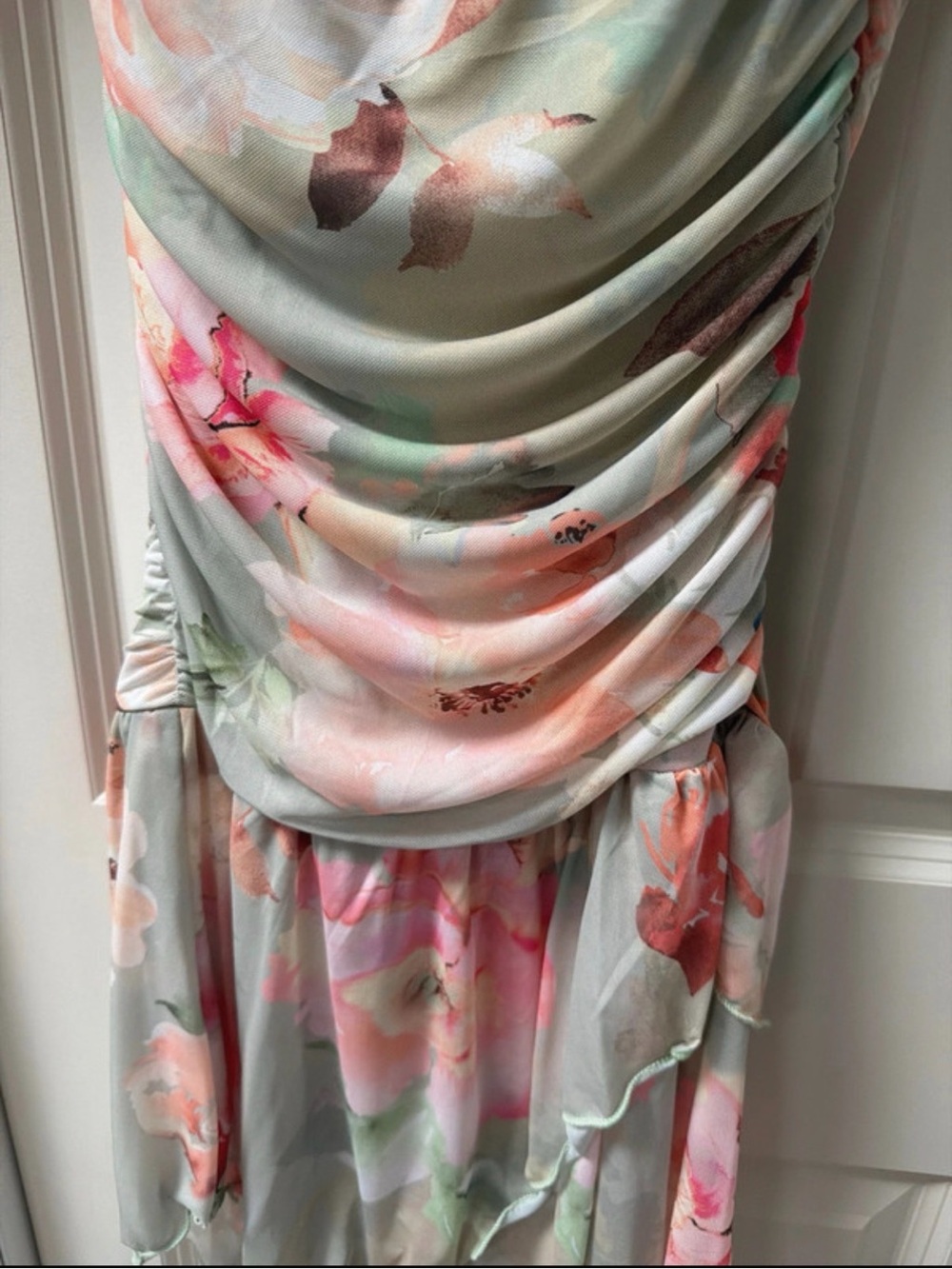 Blue Blush Strapless Floral Mini Dress in Mint Green and Coral Pink - Picture 2 of 3